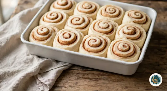 Douze cinnamon rolls crus, gonflés après la seconde levée, serrés les uns contre les autres dans un plat rectangulaire en céramique blanche, chacun avec sa spirale brune de cannelle, à côté d’un torchon en lin