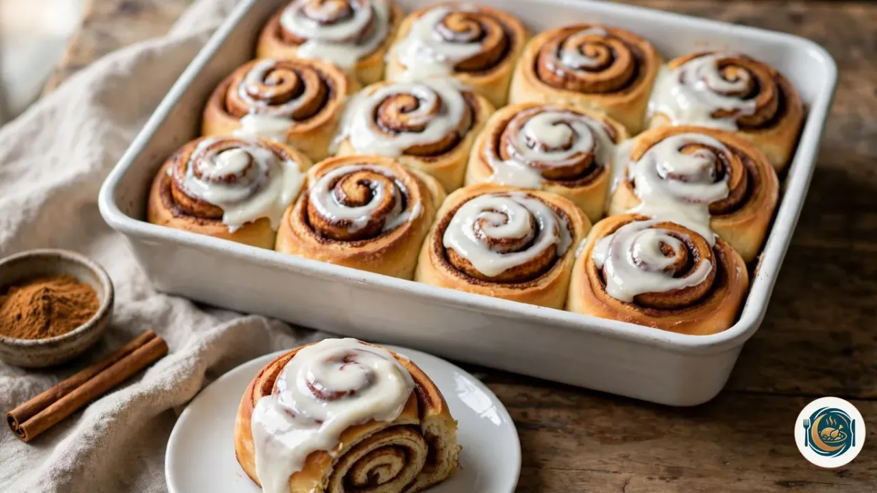 Plat rectangulaire en céramique blanche rempli de cinnamon rolls tout juste cuits, serrés les uns contre les autres, dorés, avec leur spirale brune de cannelle et un épais glaçage blanc au fromage frais qui coule dans les creux, à côté d’un roulé servi sur une petite assiette blanche, de deux bâtons de cannelle et d’un bol de cannelle moulue, sur une table en bois avec un torchon en lin