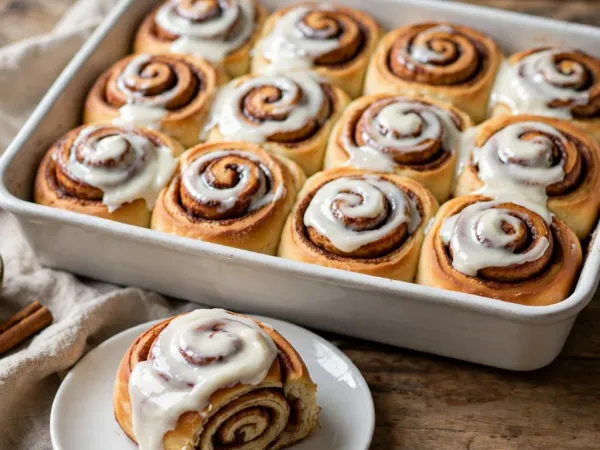 Plat rectangulaire en céramique blanche rempli de cinnamon rolls tout juste cuits, serrés les uns contre les autres, dorés, avec leur spirale brune de cannelle et un épais glaçage blanc au fromage frais qui coule dans les creux, à côté d’un roulé servi sur une petite assiette blanche, de deux bâtons de cannelle et d’un bol de cannelle moulue, sur une table en bois avec un torchon en lin