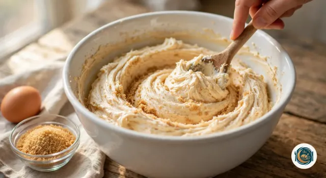 Main qui travaille à la cuillère en bois une crème épaisse de beurre et de cassonade, beige clair et un peu granuleuse, dans un grand saladier blanc, à côté d’une coupelle de cassonade et d’un œuf sur un torchon en lin