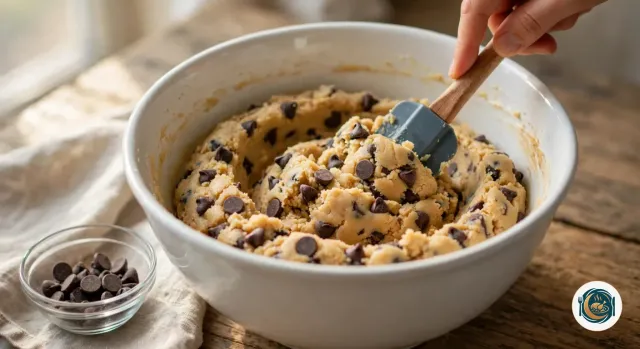 Main qui mélange à la spatule une pâte à cookies épaisse et dorée, garnie de pépites de chocolat noir, dans un grand saladier blanc, à côté d’une coupelle en verre où il reste quelques pépites