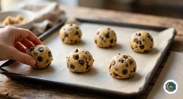 Six boules de pâte à cookies crue aux pépites de chocolat, bien espacées en deux rangées de trois sur une plaque de four couverte de papier cuisson, avec une main qui pose la dernière boule