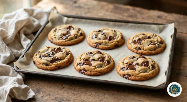 Six cookies tout juste sortis du four sur leur plaque couverte de papier cuisson, bien étalés, aux bords dorés et au centre plus clair, avec des pépites de chocolat fondues et brillantes, à côté d’un torchon en lin