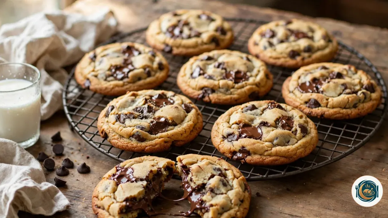 Sept cookies épais et dorés aux pépites de chocolat noir fondu, aux bords croustillants et au dessus craquelé, sur une grille ronde en métal sombre, avec un huitième cookie cassé en deux au premier plan qui montre un cœur moelleux et du chocolat coulant, à côté d’un verre de lait, de quelques pépites et d’une serviette en lin sur une table en bois