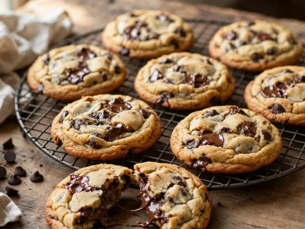 Sept cookies épais et dorés aux pépites de chocolat noir fondu, aux bords croustillants et au dessus craquelé, sur une grille ronde en métal sombre, avec un huitième cookie cassé en deux au premier plan qui montre un cœur moelleux et du chocolat coulant, à côté d’un verre de lait, de quelques pépites et d’une serviette en lin sur une table en bois