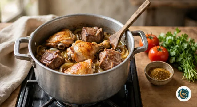 Morceaux de poulet à la peau dorée et cubes d’épaule d’agneau saisis avec des oignons dans la marmite du couscoussier, à côté de tomates, de coriandre et d’un bol de ras el hanout