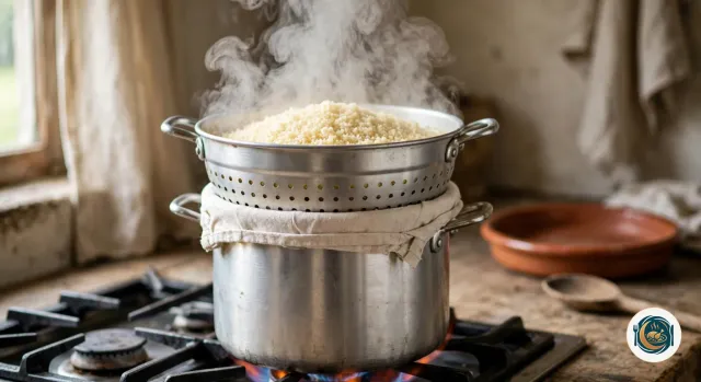 Couscoussier sur le feu, la semoule dans le panier du haut, la vapeur qui traverse les grains, un linge enroulé autour de la jointure entre la marmite et le panier