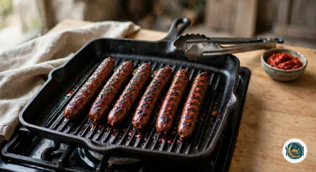 Merguez qui grillent dans une poêle-gril carrée en fonte, marquées de stries sombres, une pince posée sur le bord et un bol de harissa à côté