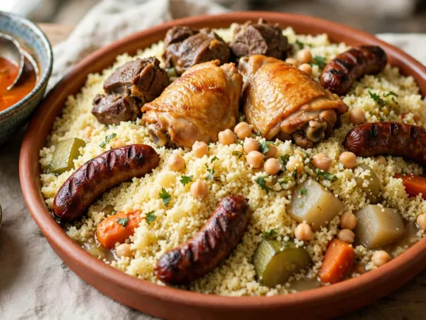 Couscous royal dans un grand plat en terre cuite, la semoule garnie de morceaux de poulet dorés, d’agneau, de merguez grillées, de carottes, de courgettes, de navets et de pois chiches, avec un bol de bouillon et un bol de harissa