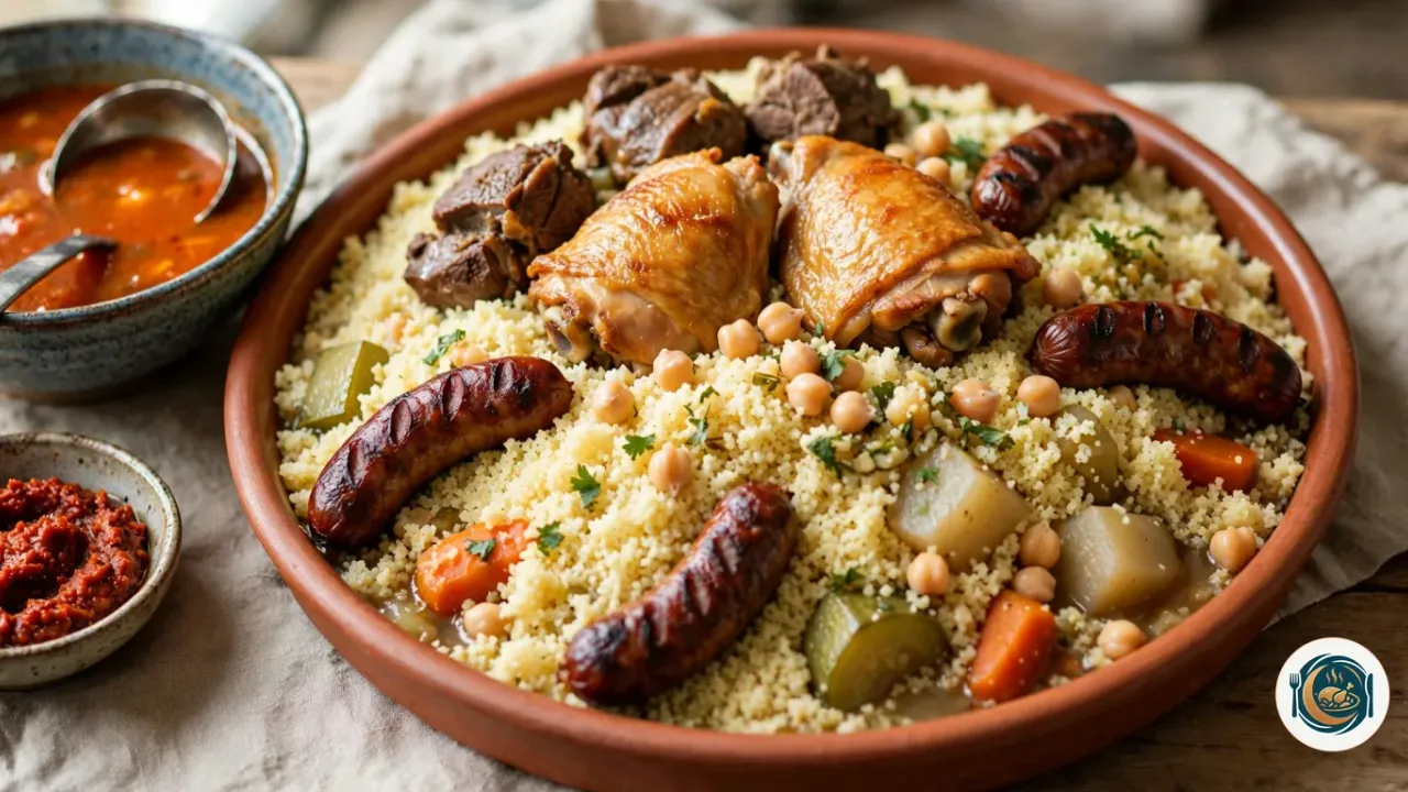 Couscous royal dans un grand plat en terre cuite, la semoule garnie de morceaux de poulet dorés, d’agneau, de merguez grillées, de carottes, de courgettes, de navets et de pois chiches, avec un bol de bouillon et un bol de harissa
