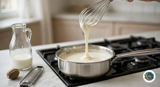 Casserole sur le feu remplie d’une béchamel blanche épaisse et lisse, soulevée par un fouet tenu à la main qui laisse retomber un ruban de sauce, à côté d’une râpe et d’une noix de muscade