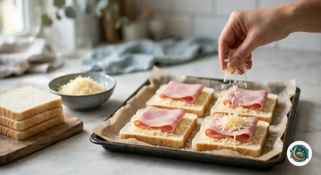 Quatre tranches de pain de mie alignées sur une plaque couverte de papier cuisson, chacune garnie de fromage râpé et d’une tranche de jambon rose pliée, pendant qu’une main parsème encore de l’emmental sur la dernière