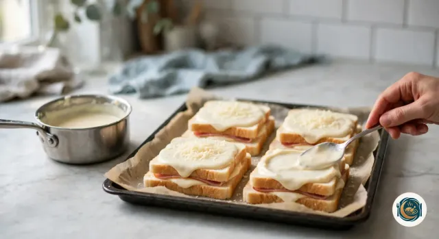 Cuillère qui étale une béchamel épaisse sur le dessus d’un croque-monsieur cru, à côté de trois autres croques déjà nappés et parsemés d’emmental râpé, sur une plaque de four couverte de papier cuisson