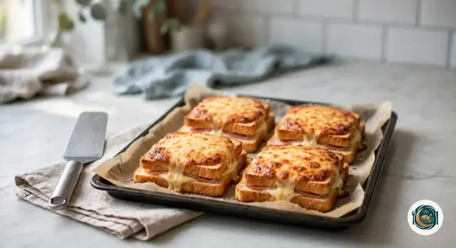 Plaque de four sortie du four avec quatre croque-monsieur carrés au dessus gratiné, doré et bouillonnant, tachés de brun aux bords, posée en partie sur un torchon en lin à côté d’une spatule en inox