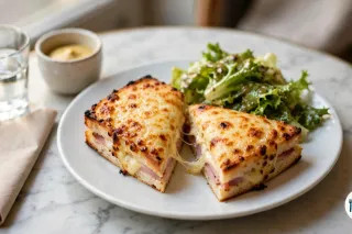 Croque-monsieur coupé en deux triangles dans une assiette blanche sur une table de bistrot en marbre, le dessus gratiné et doré, la tranche coupée montrant le pain de mie, le jambon rose et le fromage fondu qui file, avec une salade verte, un verre d’eau et un pot de moutarde