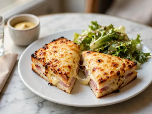 Croque-monsieur coupé en deux triangles dans une assiette blanche sur une table de bistrot en marbre, le dessus gratiné et doré, la tranche coupée montrant le pain de mie, le jambon rose et le fromage fondu qui file, avec une salade verte, un verre d’eau et un pot de moutarde