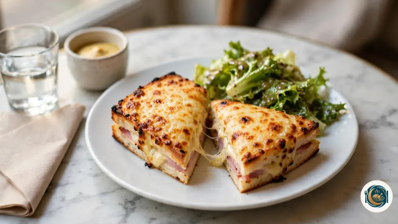 Croque-monsieur coupé en deux triangles dans une assiette blanche sur une table de bistrot en marbre, le dessus gratiné et doré, la tranche coupée montrant le pain de mie, le jambon rose et le fromage fondu qui file, avec une salade verte, un verre d’eau et un pot de moutarde