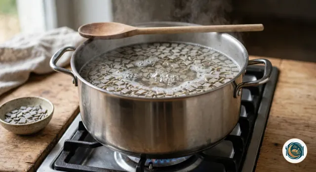 Grande marmite en inox sur un feu à gaz, pleine d’eau bouillante où cuisent des crozets au sarrasin, de petits carrés plats gris-beige, avec une cuillère en bois posée en travers et un petit bol de crozets crus sur le plan de travail