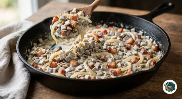 Grande poêle en fonte remplie de crozets au sarrasin, minuscules carrés gris-beige enrobés de crème, mélangés à des lardons dorés et à des oignons émincés fondus, avec une cuillère en bois qui en soulève une partie