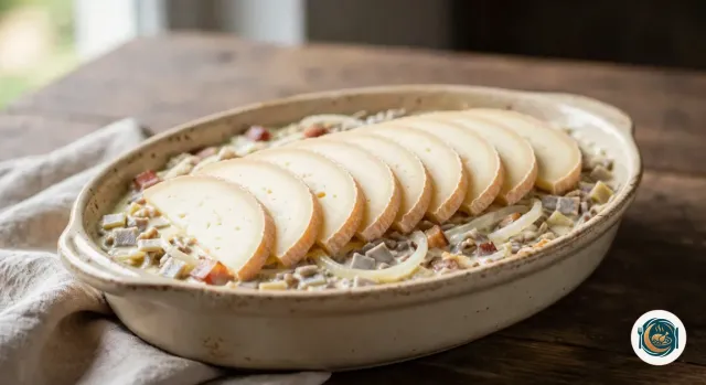 Plat à gratin ovale en grès crème rempli de crozets à la crème, de lardons et d’oignons, avec des tranches de reblochon cru en demi-lune disposées en éventail au centre, prêt à enfourner