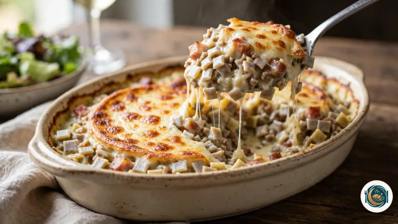 Croziflette tout juste sortie du four dans un plat à gratin ovale en grès crème, le reblochon fondu doré et taché de brun sur les crozets à la crème et les lardons, une grande cuillère qui soulève une part avec des fils de fromage, à côté d’un saladier de salade verte et d’un verre de vin blanc