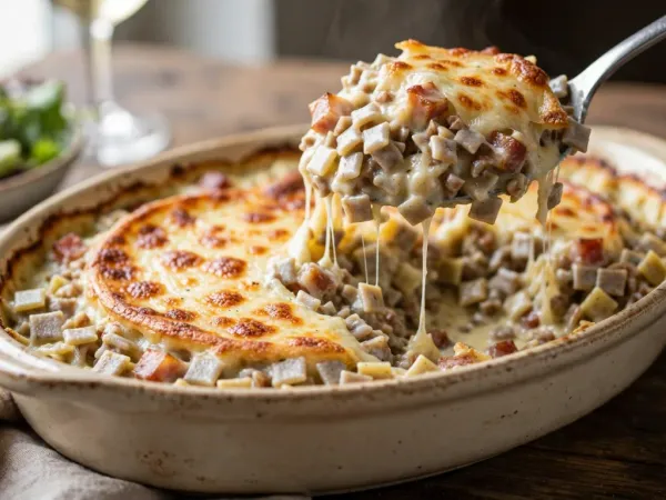 Croziflette tout juste sortie du four dans un plat à gratin ovale en grès crème, le reblochon fondu doré et taché de brun sur les crozets à la crème et les lardons, une grande cuillère qui soulève une part avec des fils de fromage, à côté d’un saladier de salade verte et d’un verre de vin blanc