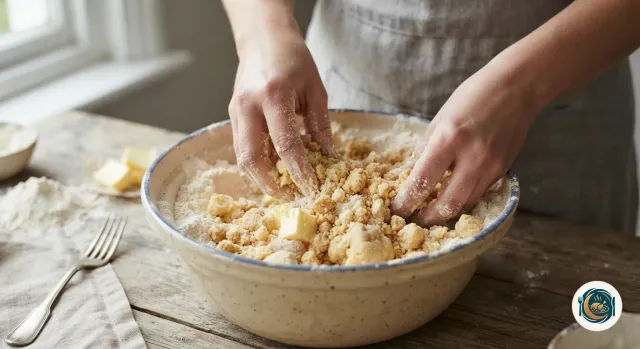 Mains qui sablent du beurre et de la farine du bout des doigts dans un saladier, la pâte à crumble formant de gros grains