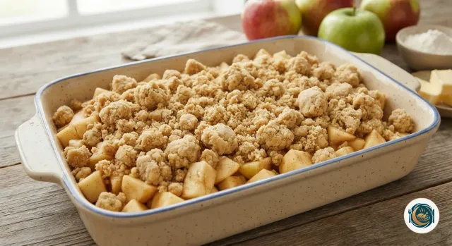 Plat à four rempli de cubes de pommes recouverts de pâte à crumble crue en gros grains, prêt à enfourner