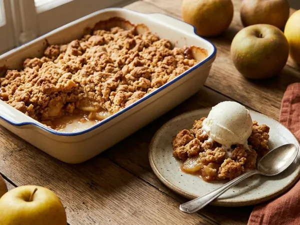 Crumble aux pommes doré dans un plat en céramique, une part servie dans une assiette avec une boule de glace à la vanille, à côté de pommes entières