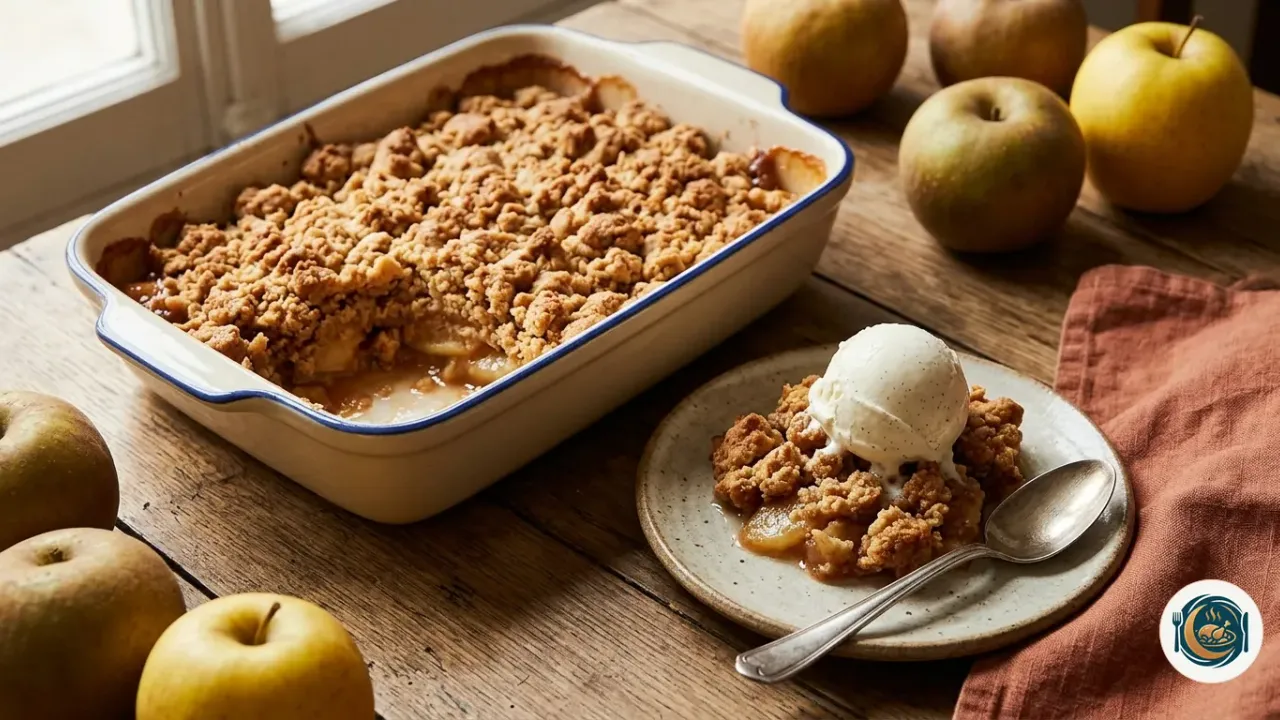 Crumble aux pommes doré dans un plat en céramique, une part servie dans une assiette avec une boule de glace à la vanille, à côté de pommes entières