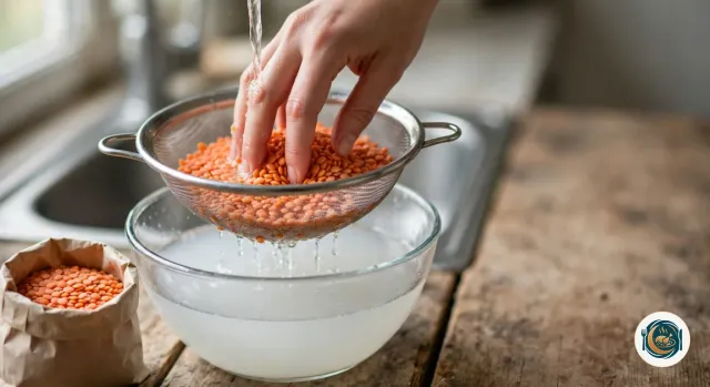 Main qui remue des lentilles corail crues dans une passoire fine sous le robinet, au-dessus d’un saladier en verre où l’eau de rinçage est trouble, à côté d’un sac en papier de lentilles corail