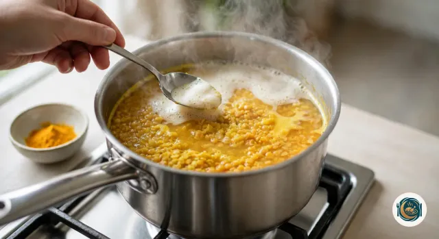 Cuillère qui retire la mousse blanche à la surface de lentilles corail devenues jaunes, qui frémissent dans une casserole en inox sur le gaz, à côté d’un petit bol de curcuma