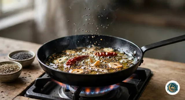 Petite poêle noire sur le gaz où grésillent dans l’huile des graines de moutarde qui sautent, des graines de cumin, des lamelles d’ail dorées et deux piments rouges secs, à côté de bols de graines de cumin et de moutarde