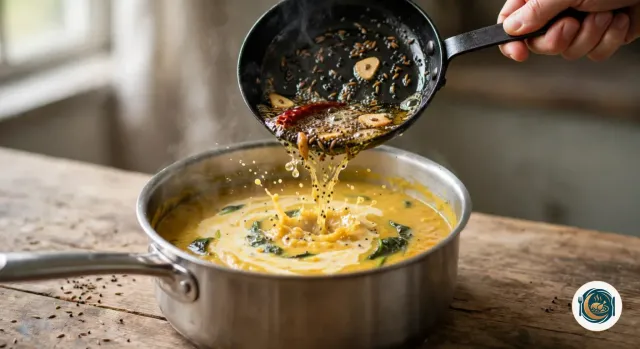 Main qui verse la tarka grésillante d’une petite poêle noire sur le dahl de lentilles corail épais et jaune, avec un filet de lait de coco et des épinards, dans une casserole en inox