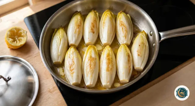 Endives entières couchées côte à côte dans une grande sauteuse en inox posée sur une plaque de cuisson, légèrement dorées par endroits et luisantes de beurre, dans un fond de jus de cuisson doré, à côté d’un demi-citron pressé et d’un couvercle posé sur le plan de travail