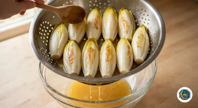 Endives braisées, ivoire et dorées par endroits, couchées dans une passoire en métal posée sur un saladier en verre où s’écoule un filet de jus doré, pendant qu’une main approche le dos d’une cuillère en bois pour les presser