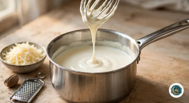 Casserole de béchamel blanche, lisse et épaisse, qui nappe un fouet soulevé au-dessus de la casserole, à côté d’un petit bol de gruyère râpé et d’une noix de muscade avec une petite râpe