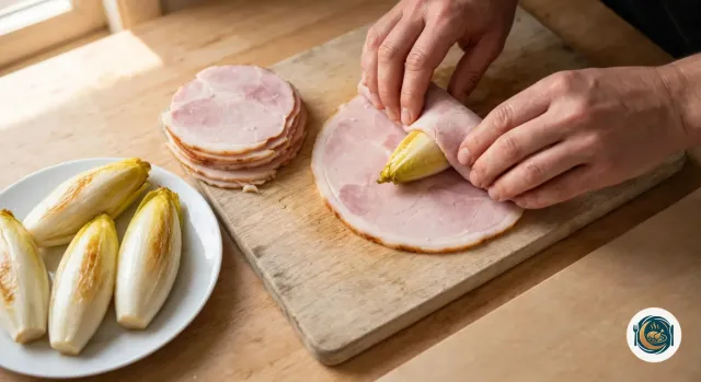 Deux mains qui roulent une endive braisée dans une tranche de jambon cuit rose sur une planche en bois, à côté d’une pile de tranches de jambon et de plusieurs endives braisées en attente dans une assiette
