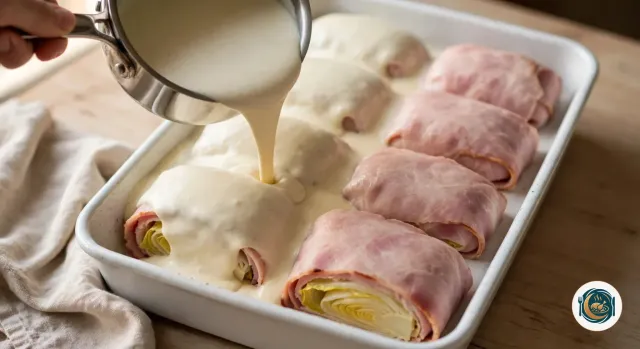 Main qui tient une casserole par le manche et verse une béchamel blanche et épaisse sur huit endives roulées dans du jambon rose, rangées en deux rangées dans un plat à gratin blanc