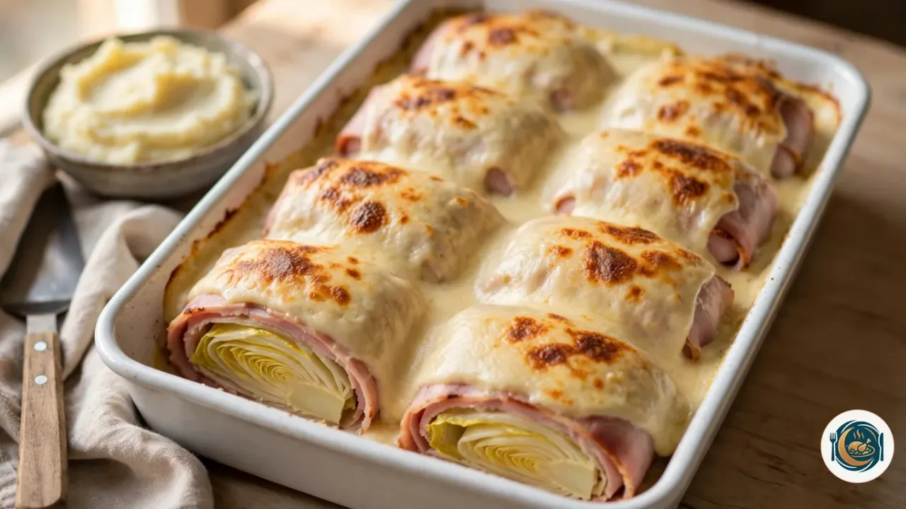 Plat à gratin rectangulaire blanc rempli de huit endives roulées dans du jambon rose, disposées en deux rangées sous une béchamel épaisse au fromage, dorée et tachetée de brun, avec deux rouleaux coupés à l’avant qui montrent les feuilles d’endive ivoire, à côté d’un bol de purée, d’une spatule et d’un torchon en lin