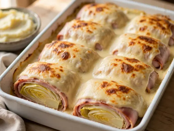 Plat à gratin rectangulaire blanc rempli de huit endives roulées dans du jambon rose, disposées en deux rangées sous une béchamel épaisse au fromage, dorée et tachetée de brun, avec deux rouleaux coupés à l’avant qui montrent les feuilles d’endive ivoire, à côté d’un bol de purée, d’une spatule et d’un torchon en lin
