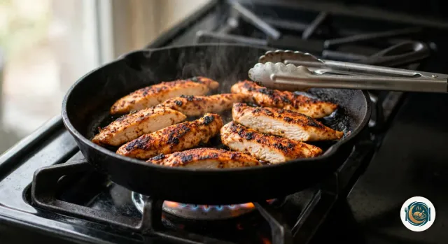 Poêle en fonte noire posée sur le gaz, avec une seule couche de lanières de poulet épicées, bien dorées et grillées par endroits, une pince en métal posée sur le bord