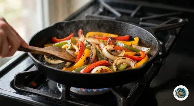 Main qui remue avec une spatule en bois des lanières de poivrons rouges, jaunes et verts et des tranches d’oignon, brillantes et grillées en noir sur les bords, dans une poêle en fonte posée sur le gaz