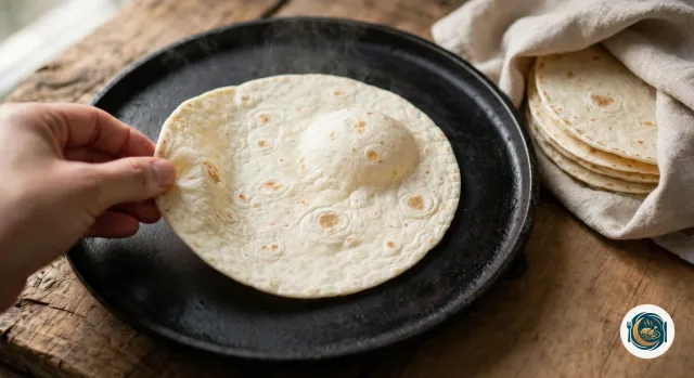 Main qui retourne par le bord une tortilla de blé souple, gonflée et tachetée de brun clair, dans une poêle plate en fonte noire, à côté d’une pile de tortillas chaudes enveloppées dans un torchon en lin