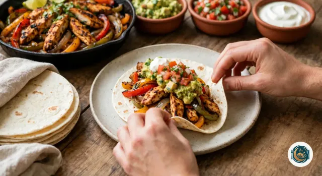 Deux mains qui replient une tortilla de blé garnie de lanières de poulet, de poivrons, de guacamole, de pico de gallo et d’une cuillerée de crème, sur une assiette en grès, devant la poêle de poulet, trois bols en terre cuite et une pile de tortillas