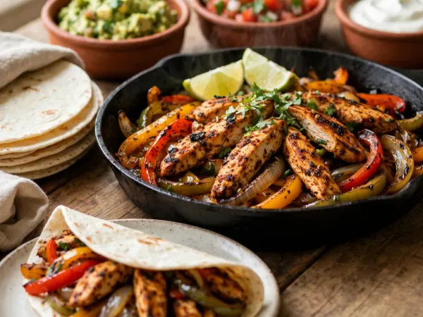 Poêle en fonte noire remplie de lanières de poulet épicées et grillées, de poivrons rouges, jaunes et verts et d’oignons fondus, avec deux quartiers de citron vert et de la coriandre, entre une pile de tortillas de blé dans un torchon en lin, trois bols en terre cuite de guacamole, de pico de gallo et de crème, et une fajita garnie sur une assiette
