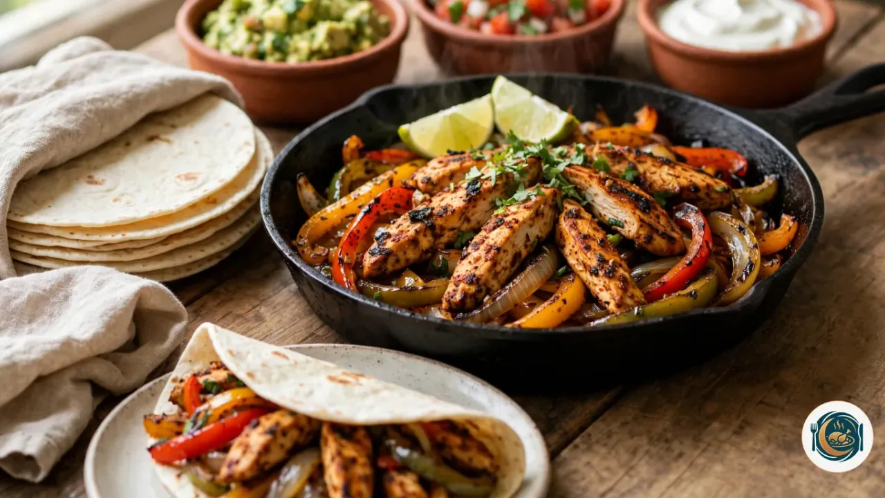 Poêle en fonte noire remplie de lanières de poulet épicées et grillées, de poivrons rouges, jaunes et verts et d’oignons fondus, avec deux quartiers de citron vert et de la coriandre, entre une pile de tortillas de blé dans un torchon en lin, trois bols en terre cuite de guacamole, de pico de gallo et de crème, et une fajita garnie sur une assiette