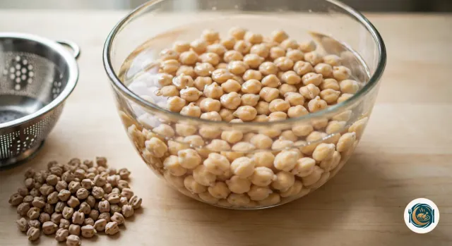 Grand saladier en verre rempli d’eau où trempent des pois chiches gonflés, beige pâle et lisses, à côté d’un petit tas de pois chiches secs plus petits, ridés et plus foncés, et d’une passoire en inox sur un plan de travail en bois clair