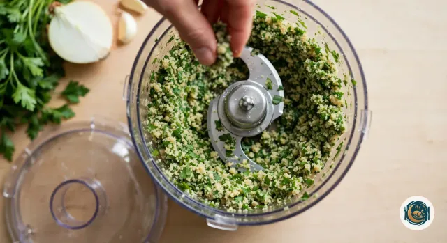 Bol de robot ouvert avec sa lame en inox, rempli d’un mélange de falafel haché grossier, humide et grumeleux comme une semoule, moucheté de vert par le persil et la coriandre, dont une main prélève une pincée, à côté du couvercle du robot, d’un bouquet de persil, d’un demi-oignon et de gousses d’ail