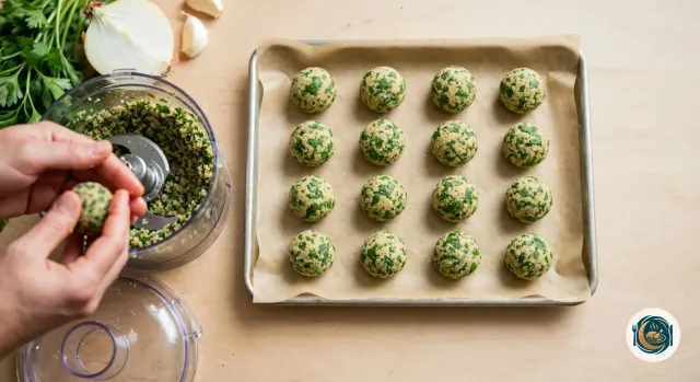 Plaque de cuisson couverte de papier où sont alignées seize boulettes de falafel crues, vertes et beiges, pendant que deux mains en roulent une autre à côté du bol de robot rempli du mélange haché, d’un bouquet de persil, d’un demi-oignon et de gousses d’ail